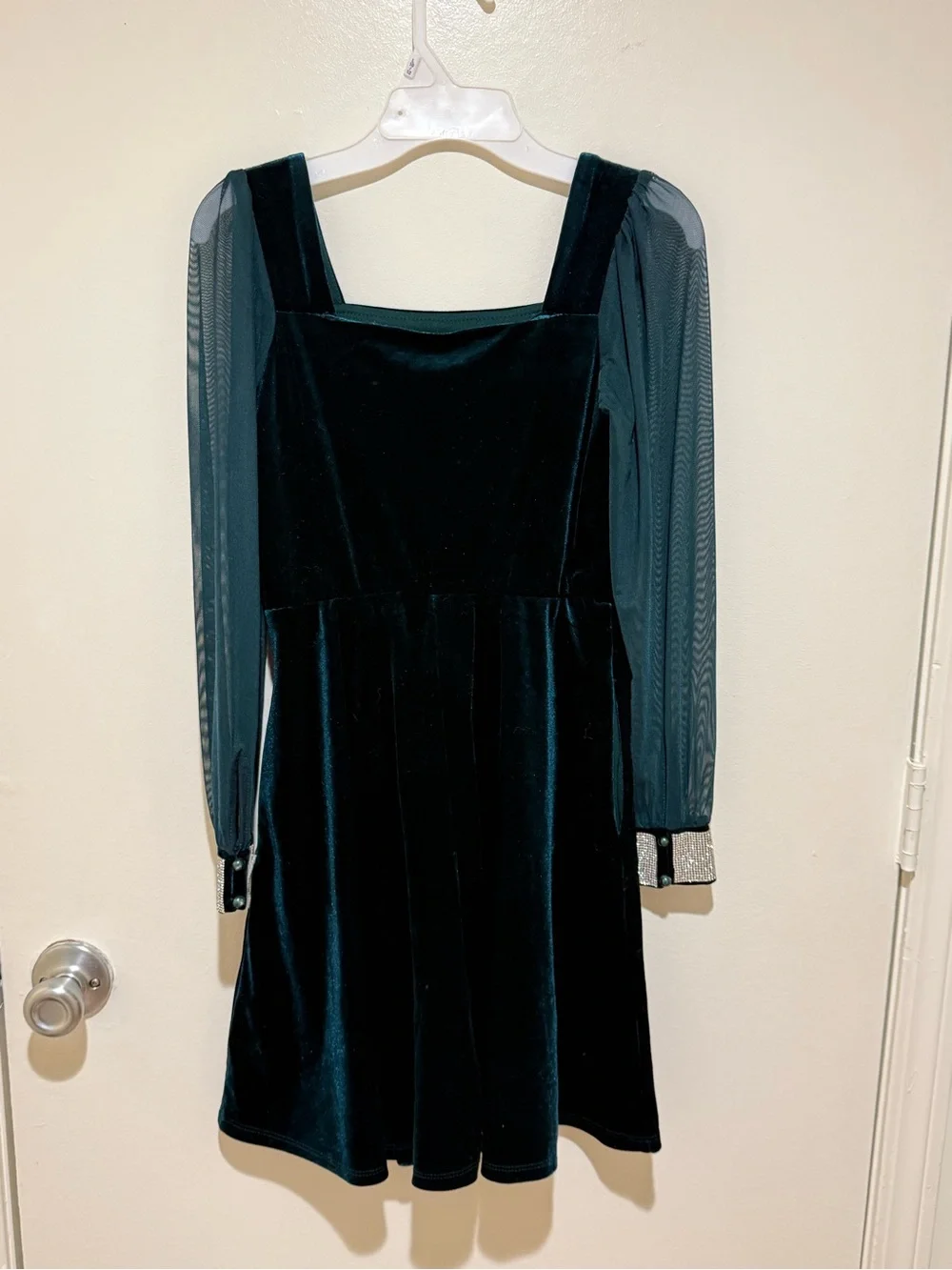 Speechless Dark Green Velvet Dress with Sheer Long Sleeves